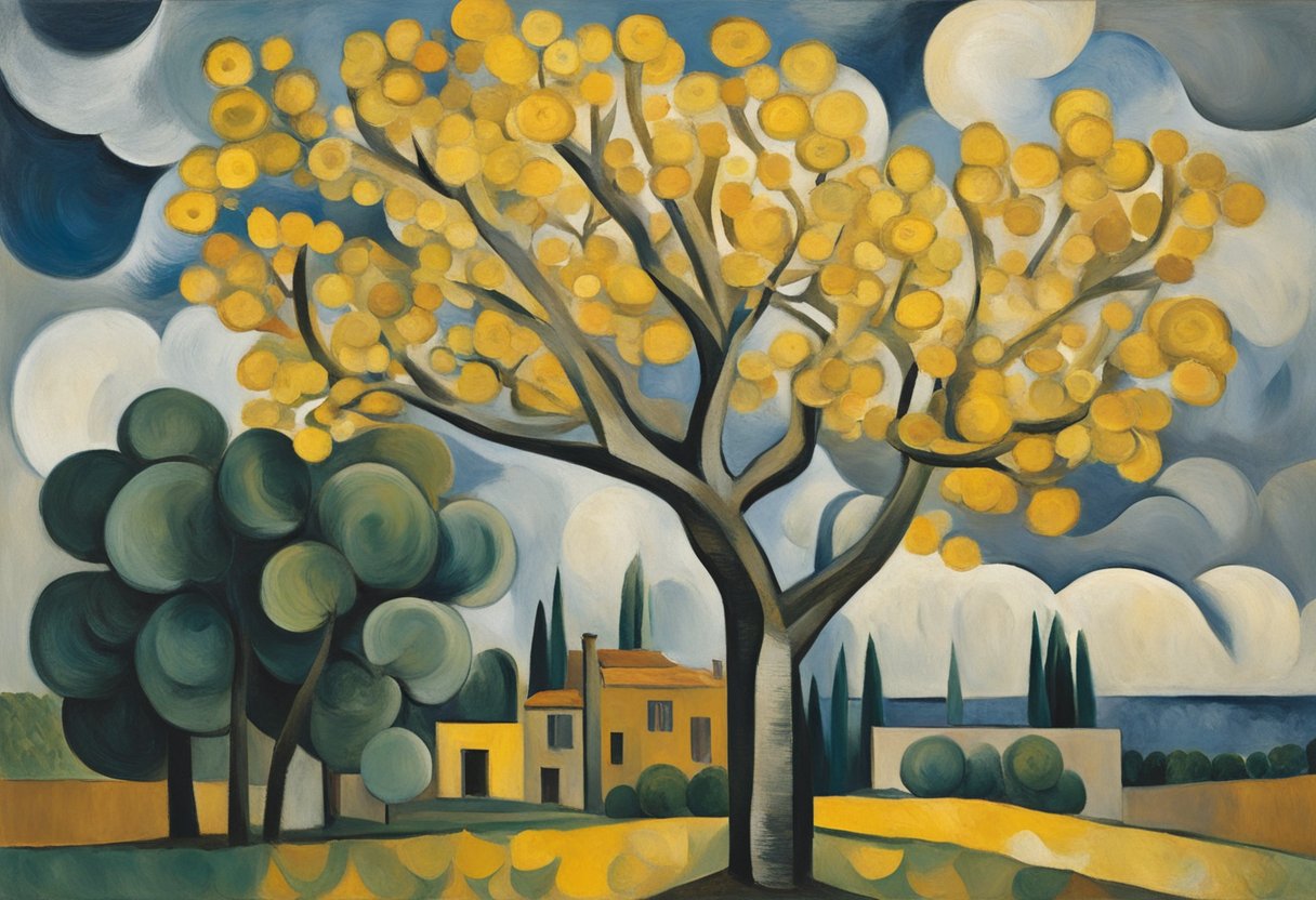 A stormy sky clears as a bright sun emerges, casting a warm glow over a peaceful garden. A tree stands tall, its branches reaching towards the sky, while colorful flowers bloom at its base