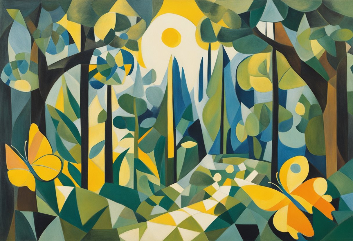 A vibrant garden with a butterfly emerging from a chrysalis, symbolizing transformation and release. The sun shines through the trees, casting a warm and hopeful glow