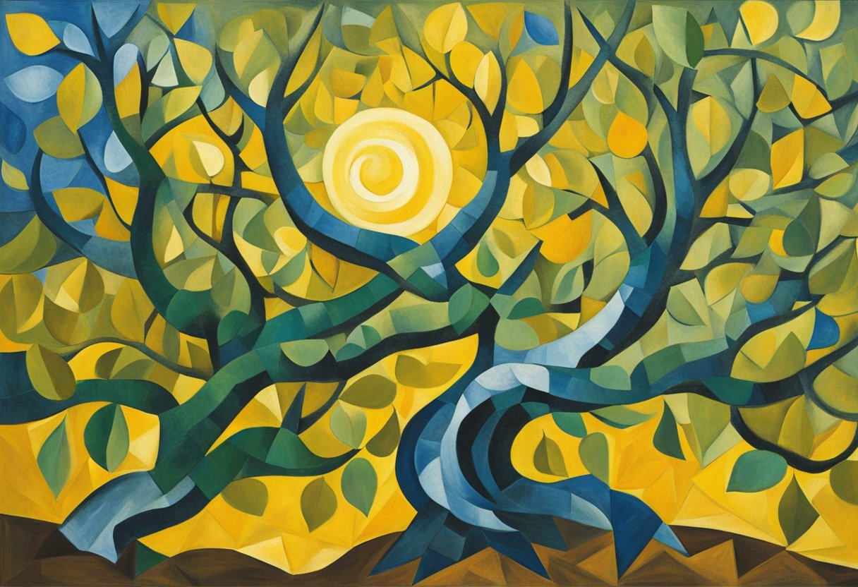 A vibrant tree shedding old leaves, reaching towards the sun, symbolizing growth, forgiveness, and letting go after overcoming cancer