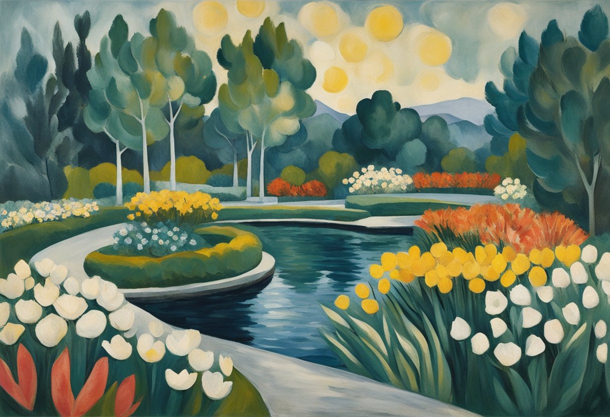 A serene garden with blooming flowers and a winding path leading to a peaceful pond, symbolizing the journey of cultivating empathy, reconciliation, forgiveness, and letting go in relationships for a cancer thriver