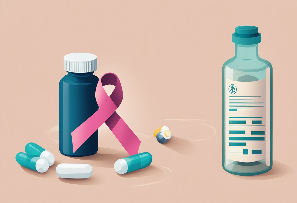 A cancer ribbon intertwined with a pill bottle, symbolizing the intersection of cancer and opioids