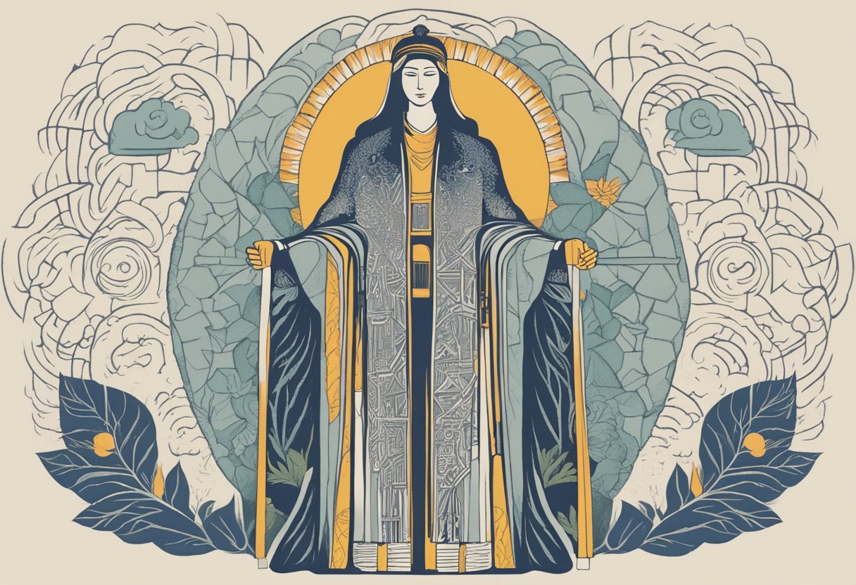 A confident figure standing tall, radiating strength and resilience, surrounded by symbols of empowerment and support