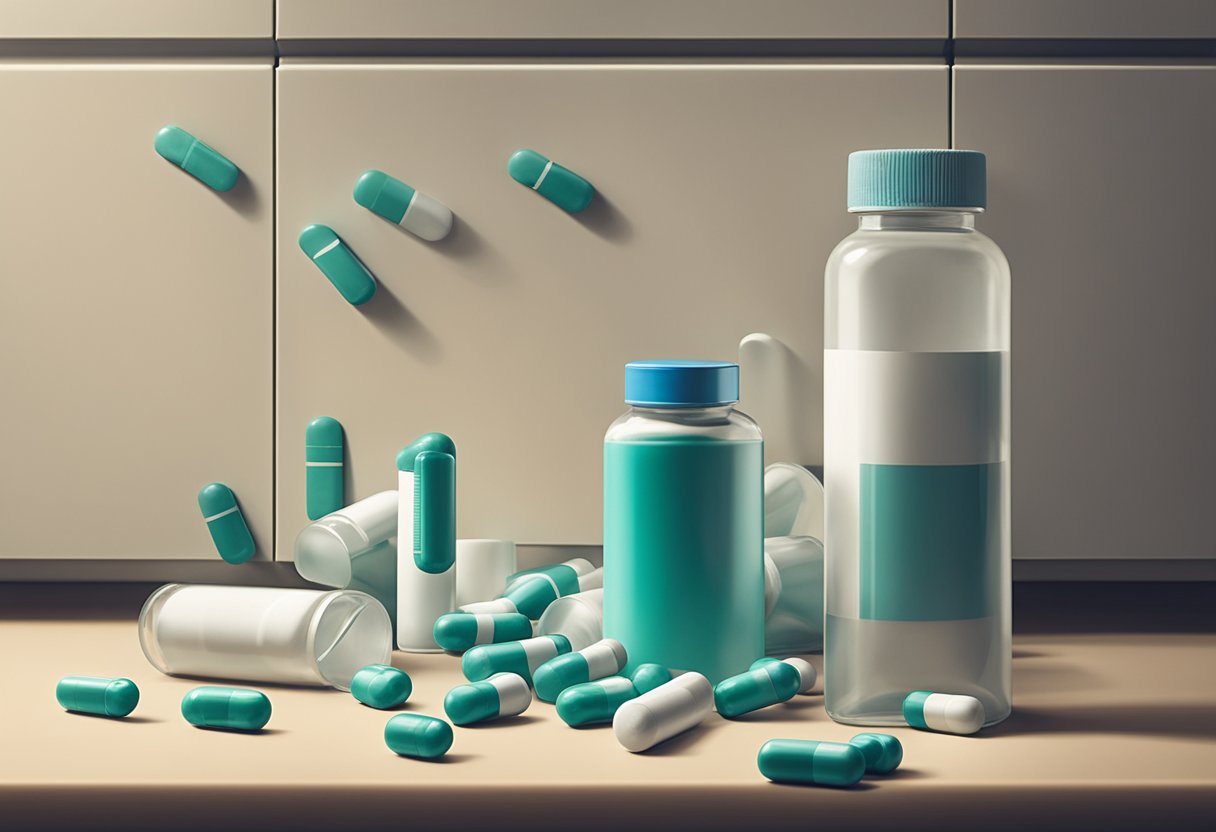 A group of pill bottles spill out of a medicine cabinet, while a ribbon symbolizing cancer survivorship floats nearby