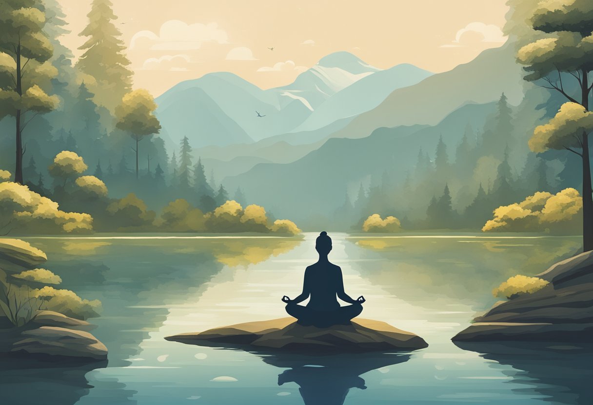 A serene figure practices yoga amidst nature, surrounded by calming elements, symbolizing resilience and inner strength in coping with others' emotions as a cancer thriver