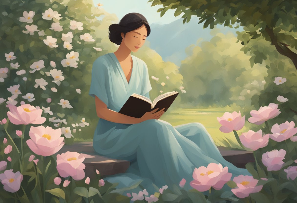 A figure sits in a peaceful garden, surrounded by blooming flowers and a gentle breeze. They hold a journal, with a look of contemplation and strength on their face