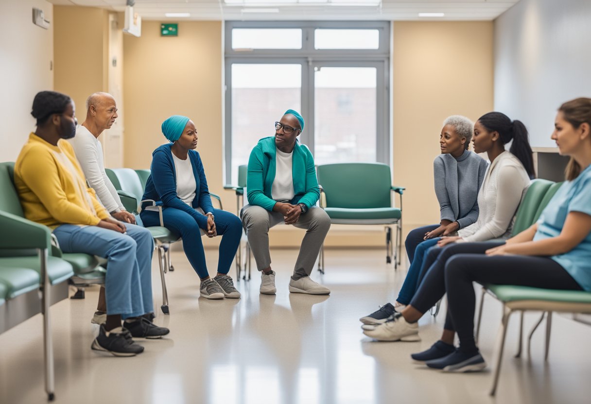 A group of people supporting and comforting each other in a hospital waiting room, showing empathy and understanding towards a cancer thriver