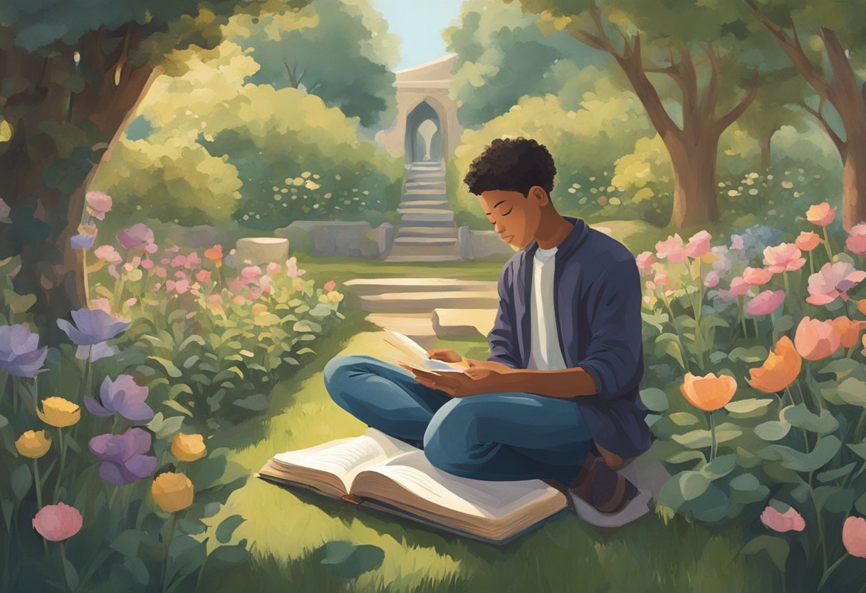 A person sits in a peaceful garden, surrounded by supportive friends. They hold a journal and pen, reflecting on their emotions and finding strength in their journey as a cancer thriver