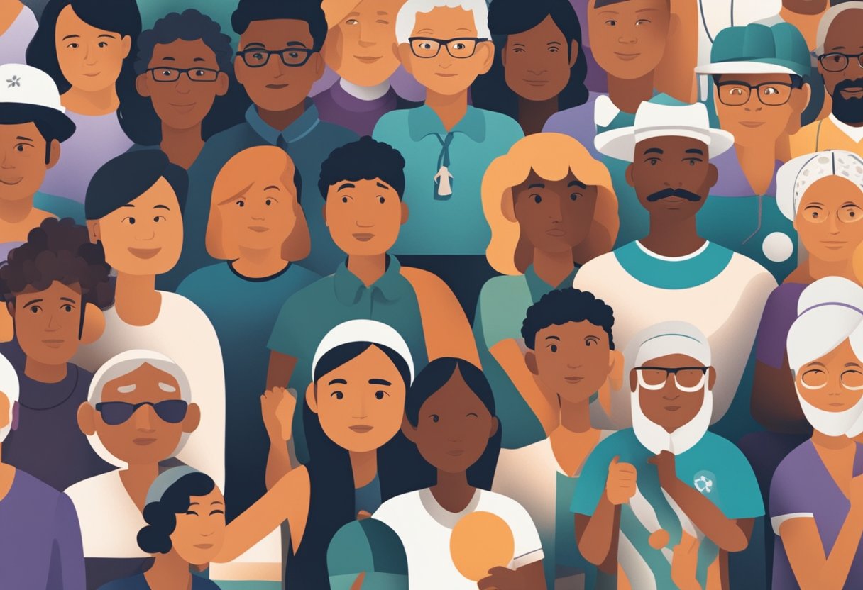 A diverse group of people affected by opioids and cancer, showing varying ages and ethnicities, with some displaying signs of struggle and others exuding resilience