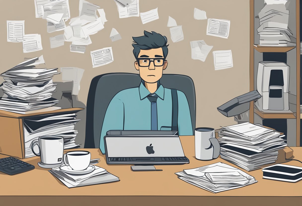 A cluttered desk with a computer, stacks of papers, and a coffee mug. A tired, determined expression on a face