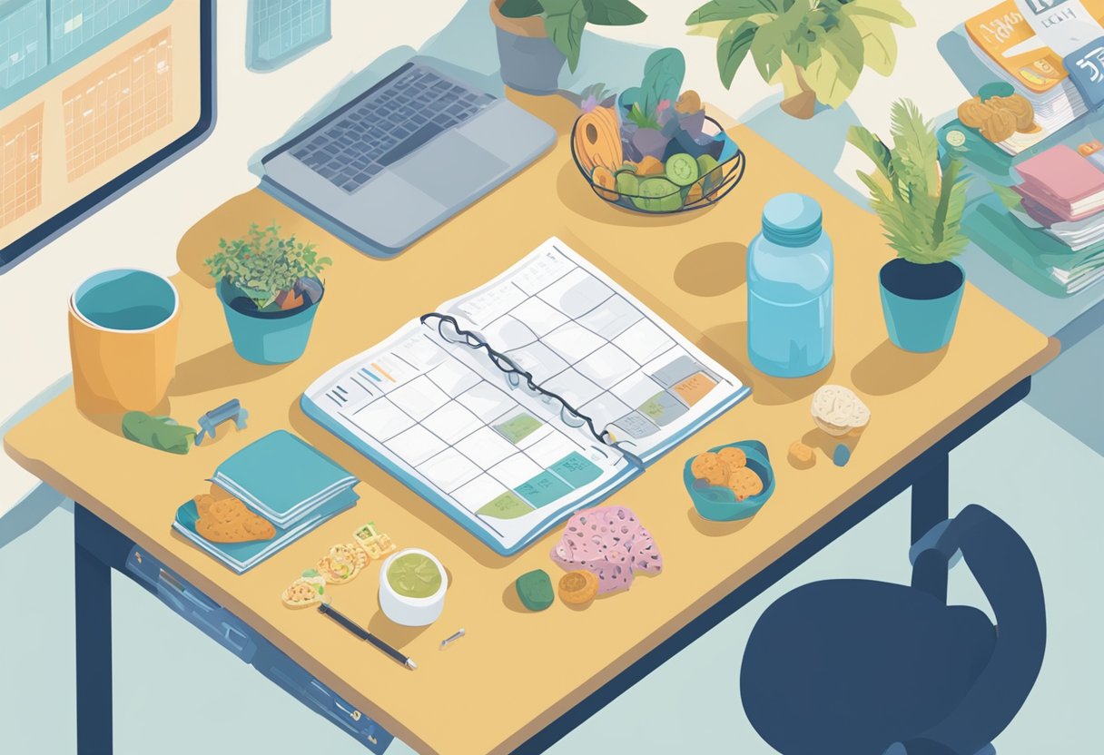 A person sitting at a desk, surrounded by healthy snacks and a water bottle. A calendar with scheduled breaks and exercise sessions is visible. A "cancer survivor" ribbon is pinned to the wall