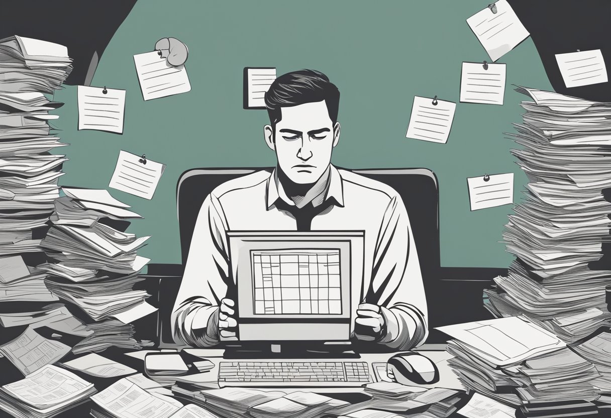 A person sitting at a cluttered desk, surrounded by piles of papers and a computer screen, looking exhausted but determined. A calendar on the wall shows appointments and reminders