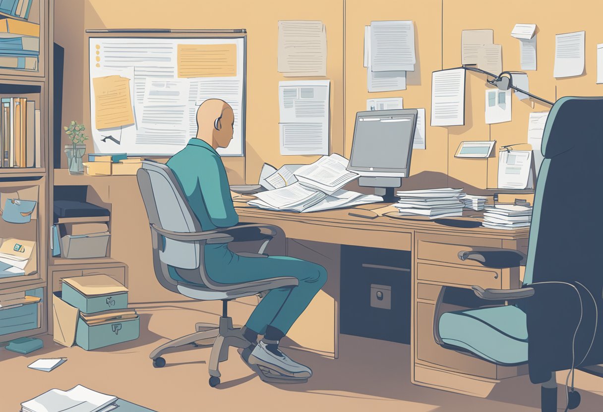 A figure sits at a desk, surrounded by papers and a computer. A ribbon symbolizing cancer survivorship is prominently displayed