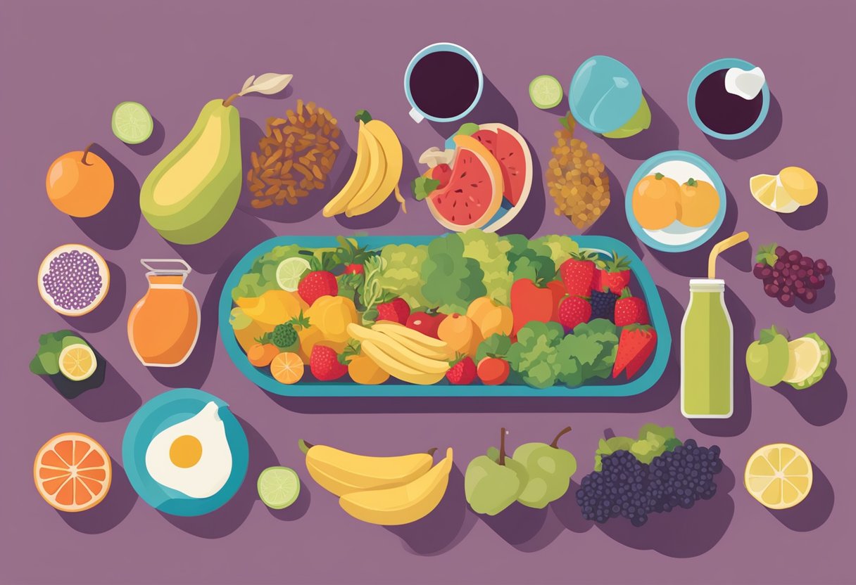 A table filled with colorful fruits, vegetables, and whole grains, while processed foods and sugary drinks are pushed to the side