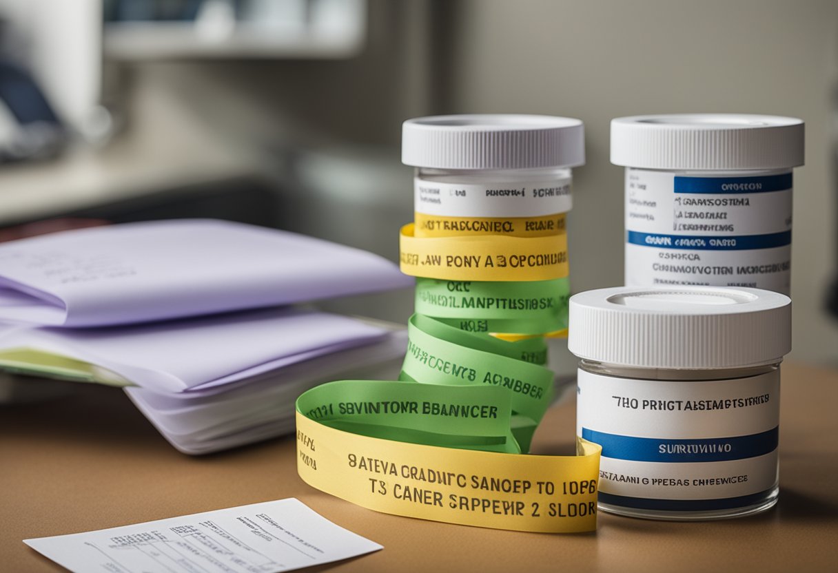 A stack of opioid prescriptions sits on a doctor's desk, while a ribbon symbolizing cancer survivorship hangs nearby