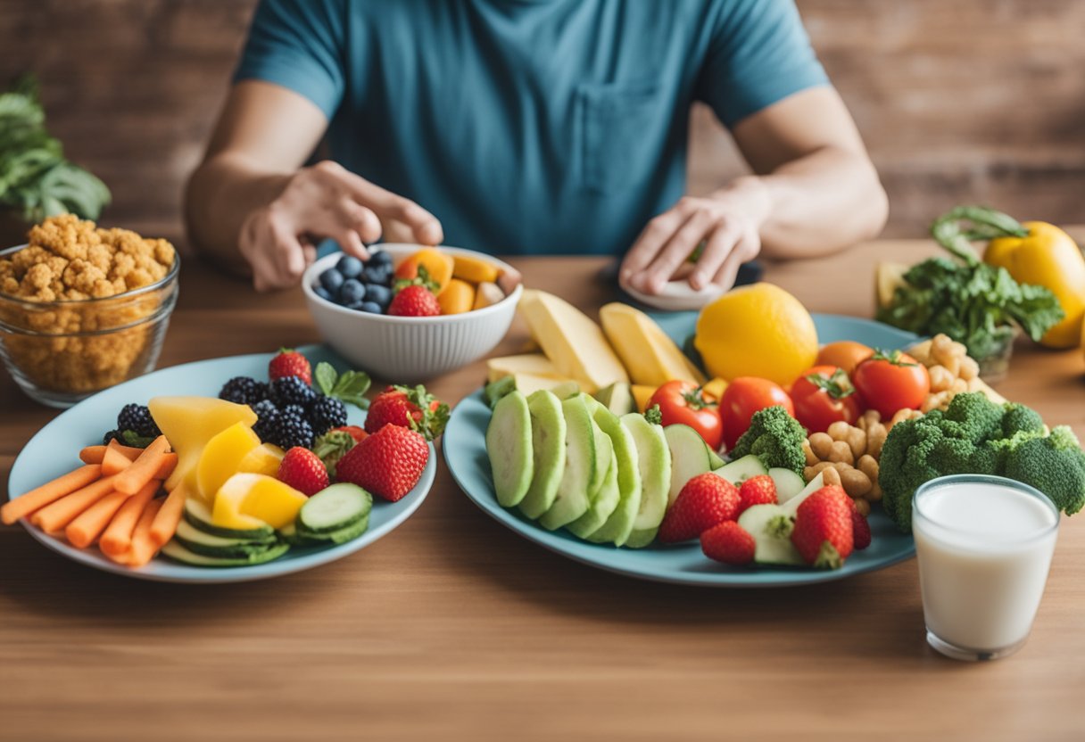 A table with unhealthy food options next to a plate of colorful, nutritious foods. A person choosing the healthy options