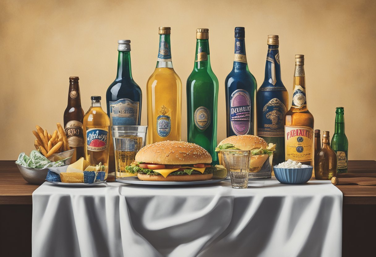 A table with alcohol bottles, fast food, and a cancer awareness ribbon