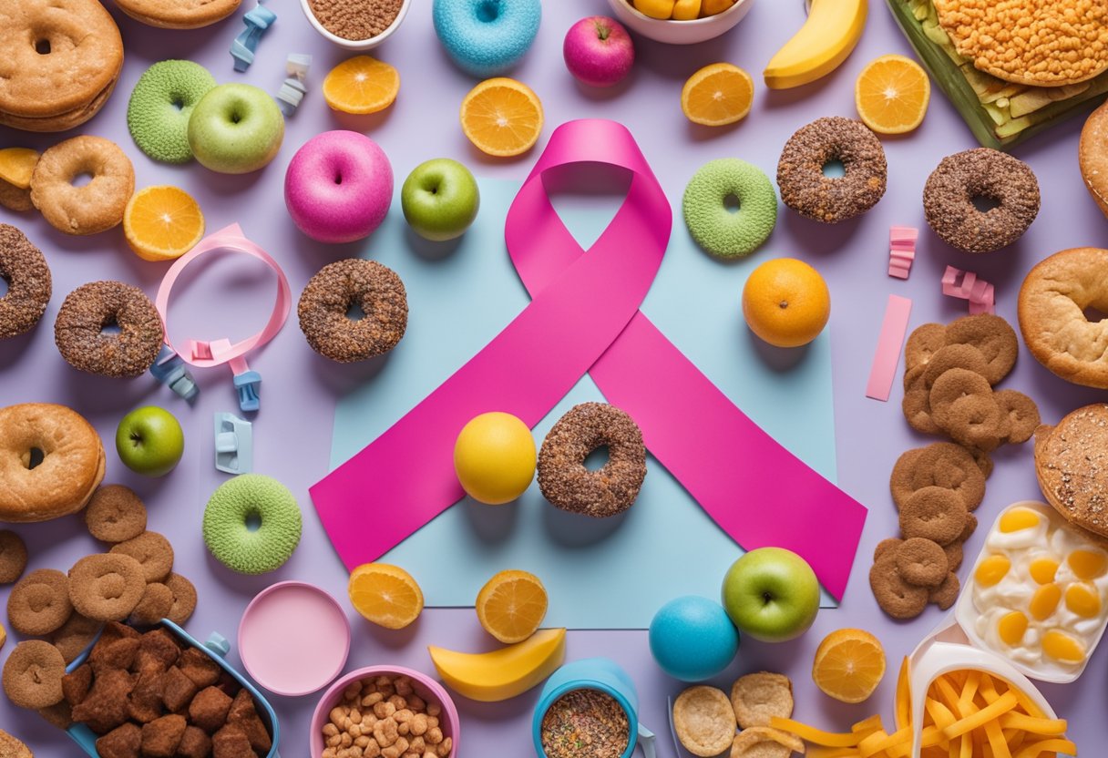 A scale surrounded by junk food and exercise equipment, with a cancer awareness ribbon in the background