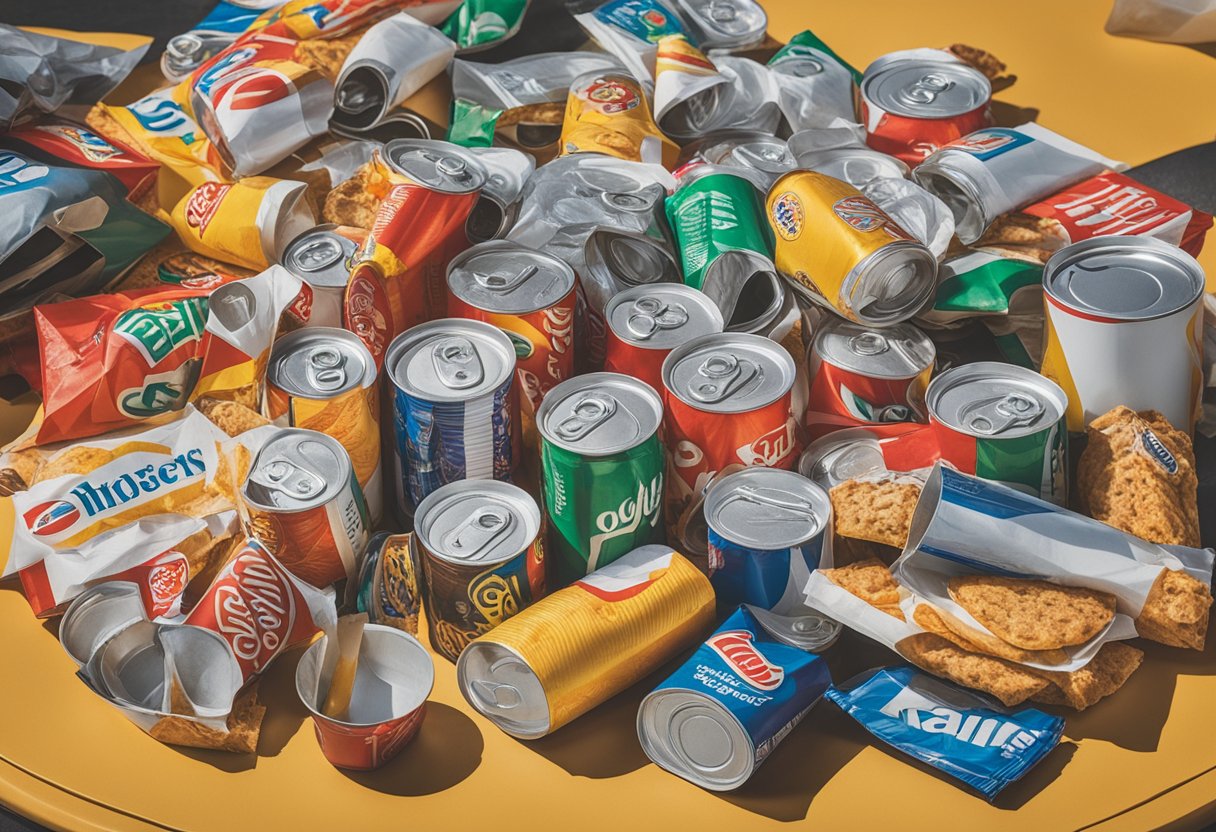 A table cluttered with fast food wrappers, soda cans, and sugary snacks. A pack of cigarettes and an ashtray sit nearby