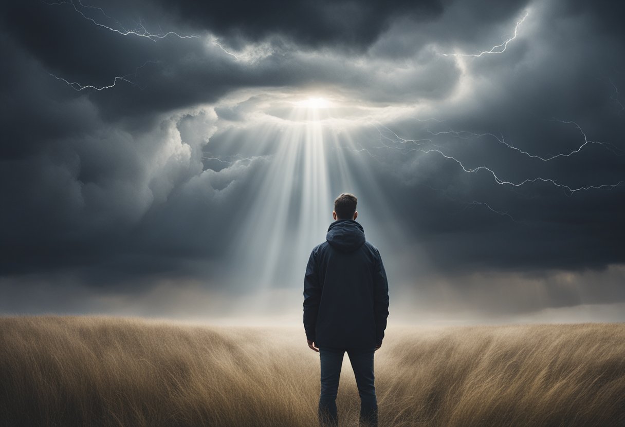 A person standing strong amidst swirling storm clouds, with a beam of light breaking through, symbolizing resilience and triumph over chronic stress and cancer
