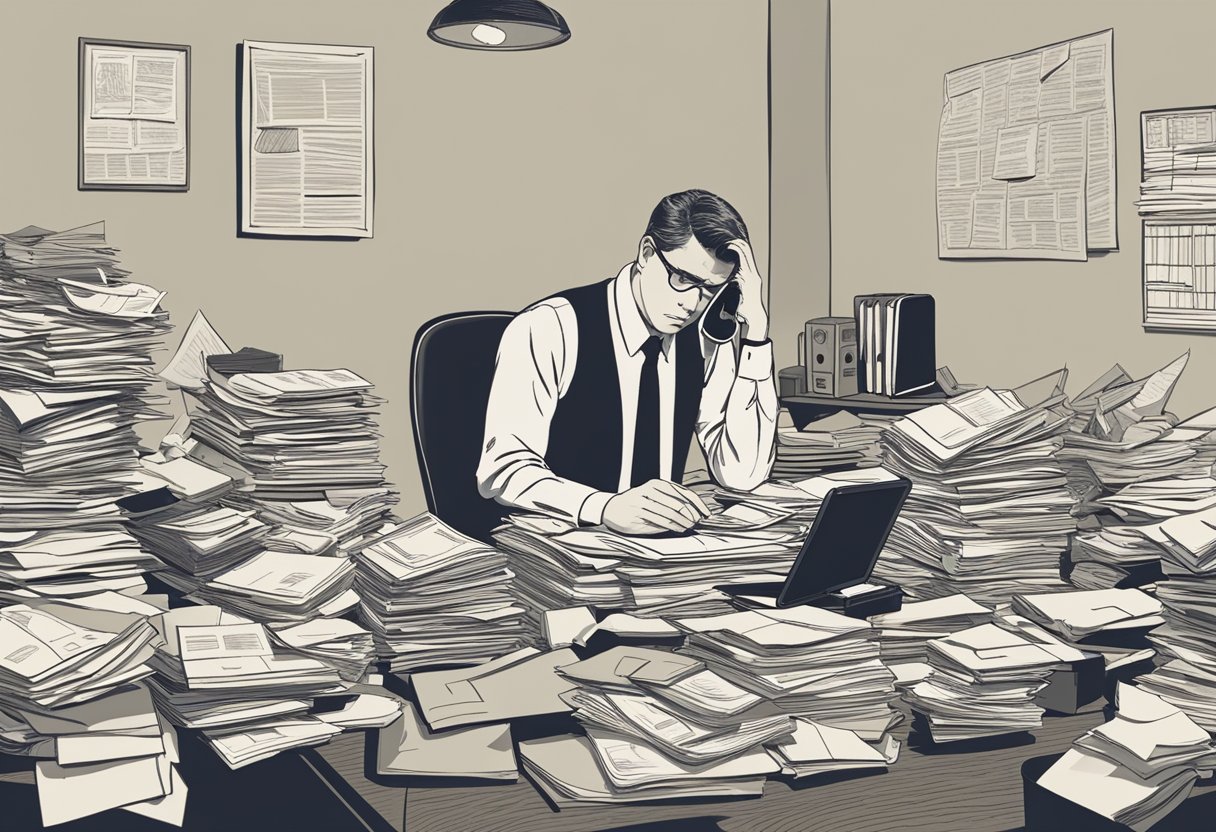 A person sits in a cluttered office, surrounded by piles of paperwork and a ringing phone. Their tense posture and furrowed brow convey the weight of chronic stress