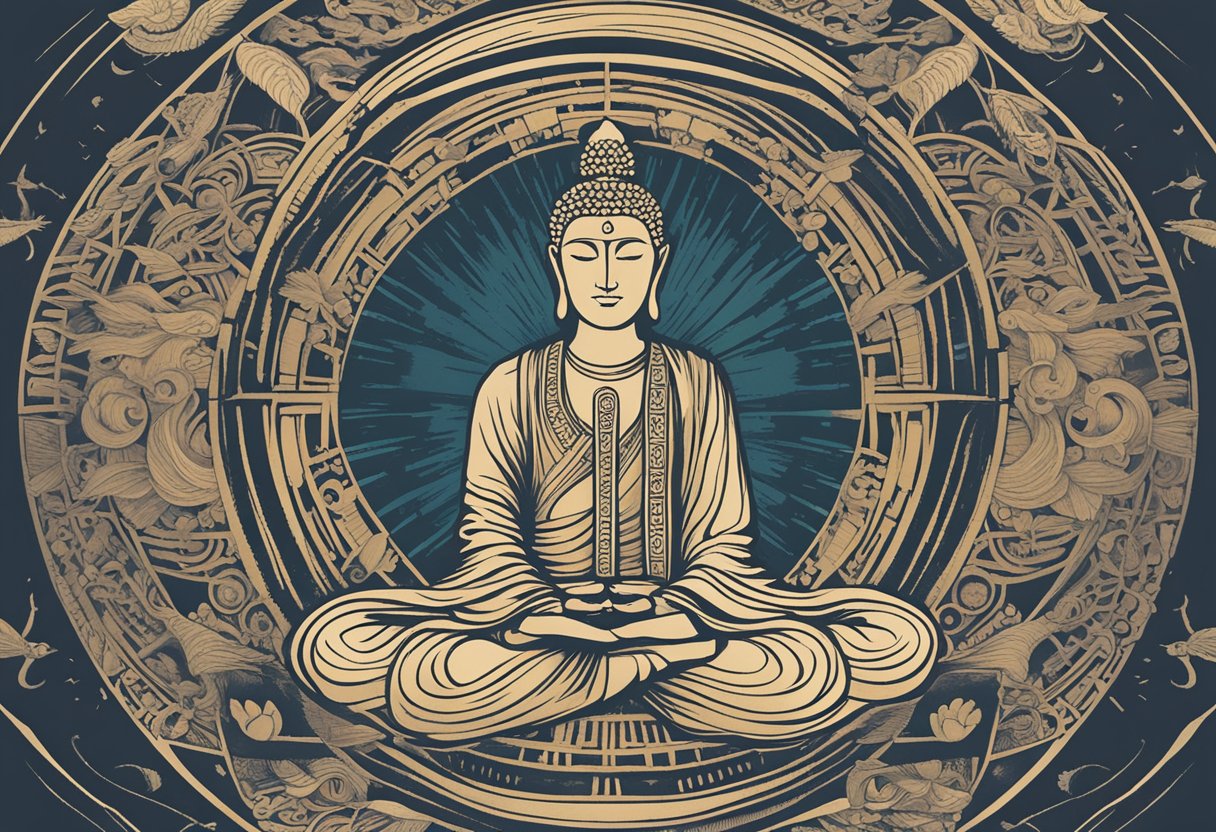 A figure sits in peaceful meditation, surrounded by symbols of strength and resilience. A serene expression reflects inner strength and determination