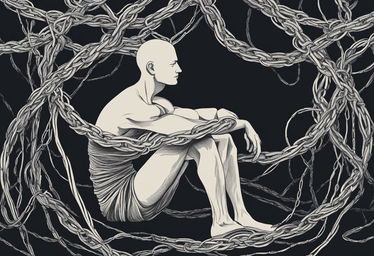 A figure sits in a dark room, surrounded by tangled vines and heavy chains. Their face is contorted in a mix of anguish and determination, capturing the emotional and psychological effects of chronic stress for a cancer thriver
