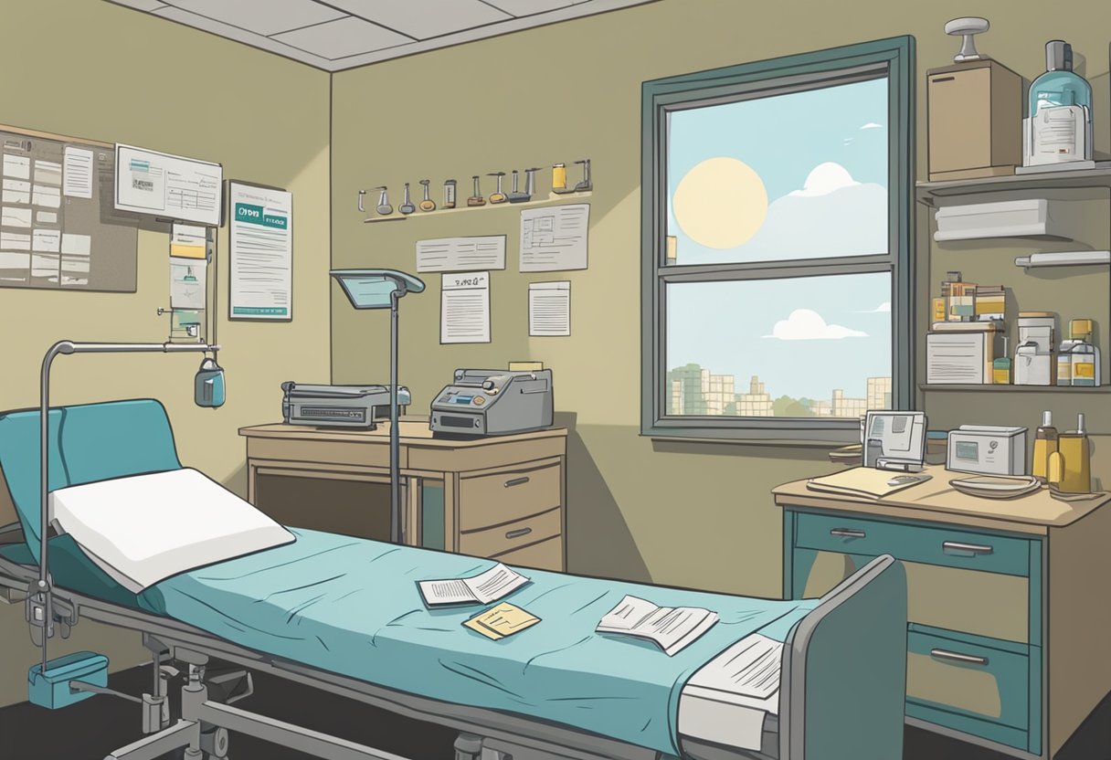 A hospital room with a patient's bed surrounded by medical equipment, a prescription bottle labeled "opioids," and a pamphlet on cancer survivorship