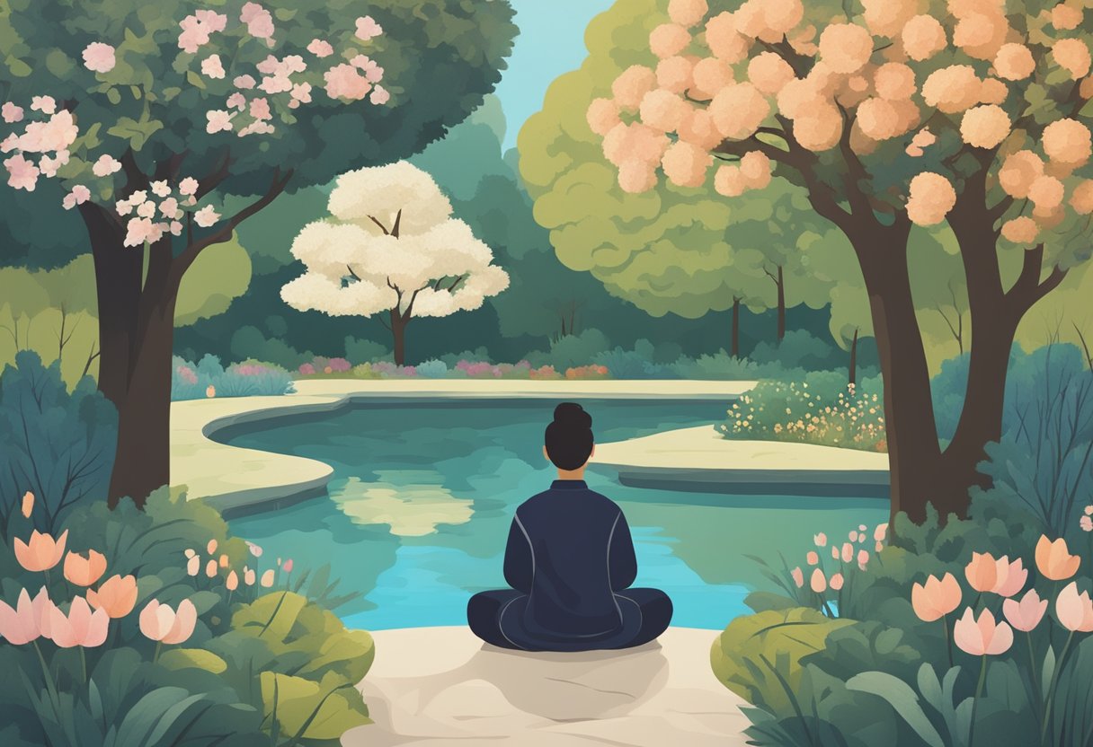 A serene garden with a winding path, blooming flowers, and a tranquil pond. A figure sits peacefully, meditating under a shaded tree, surrounded by symbols of strength and resilience