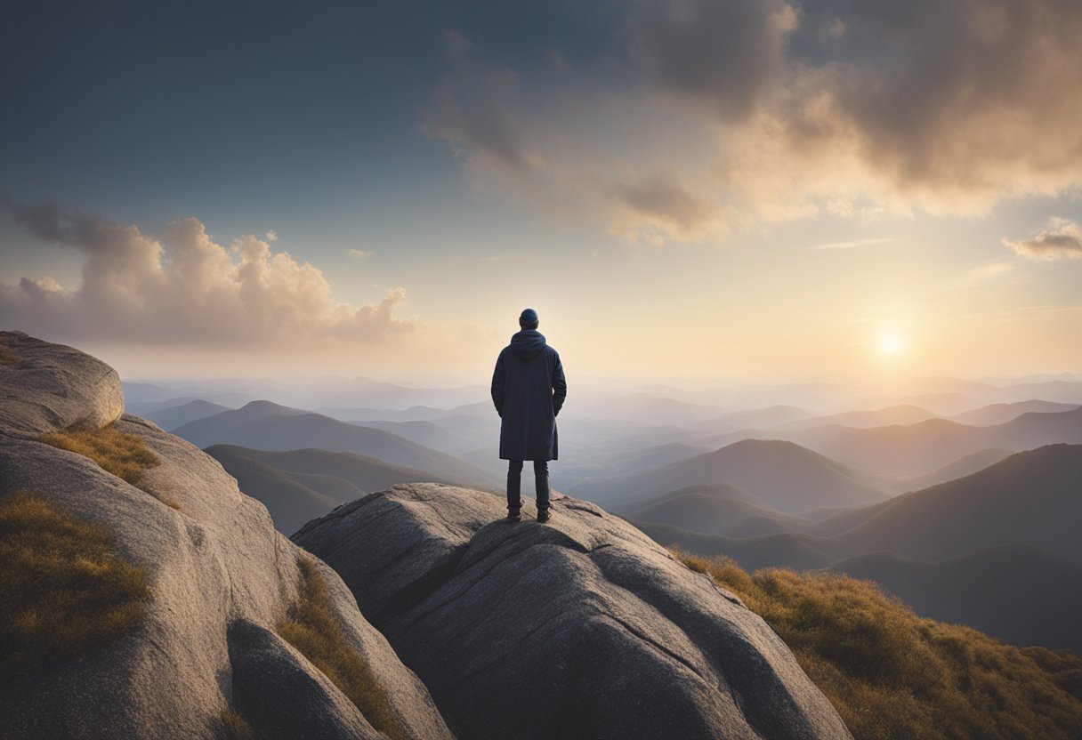 A figure stands on a mountaintop, gazing out at the vast horizon, symbolizing resilience and hope after overcoming cancer