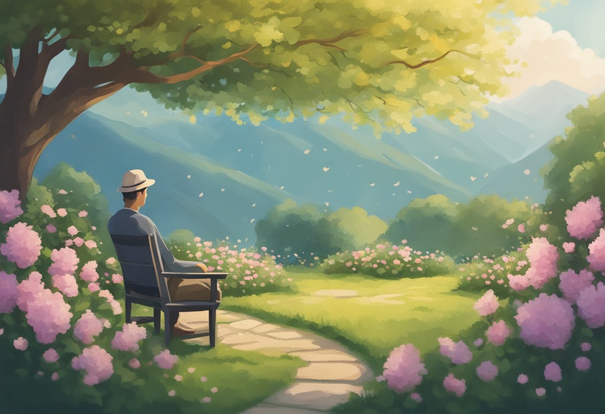 A person sits in a peaceful garden, surrounded by blooming flowers and a calming atmosphere, deep in thought about their cancer treatment journey