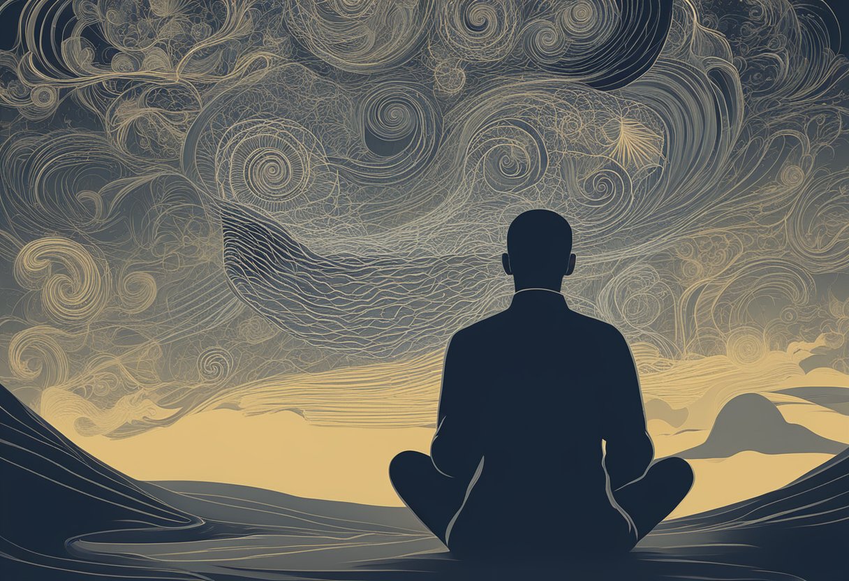 A person sits in a contemplative pose, surrounded by swirling thoughts and emotions, as they come to terms with a recent cancer diagnosis