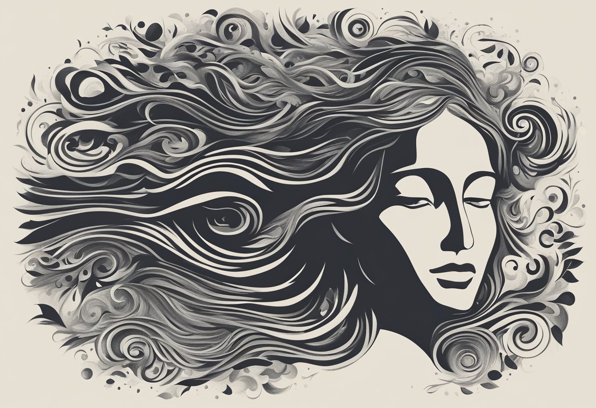 A figure surrounded by swirling thoughts and emotions, with a beam of light breaking through the darkness, symbolizing hope and resilience