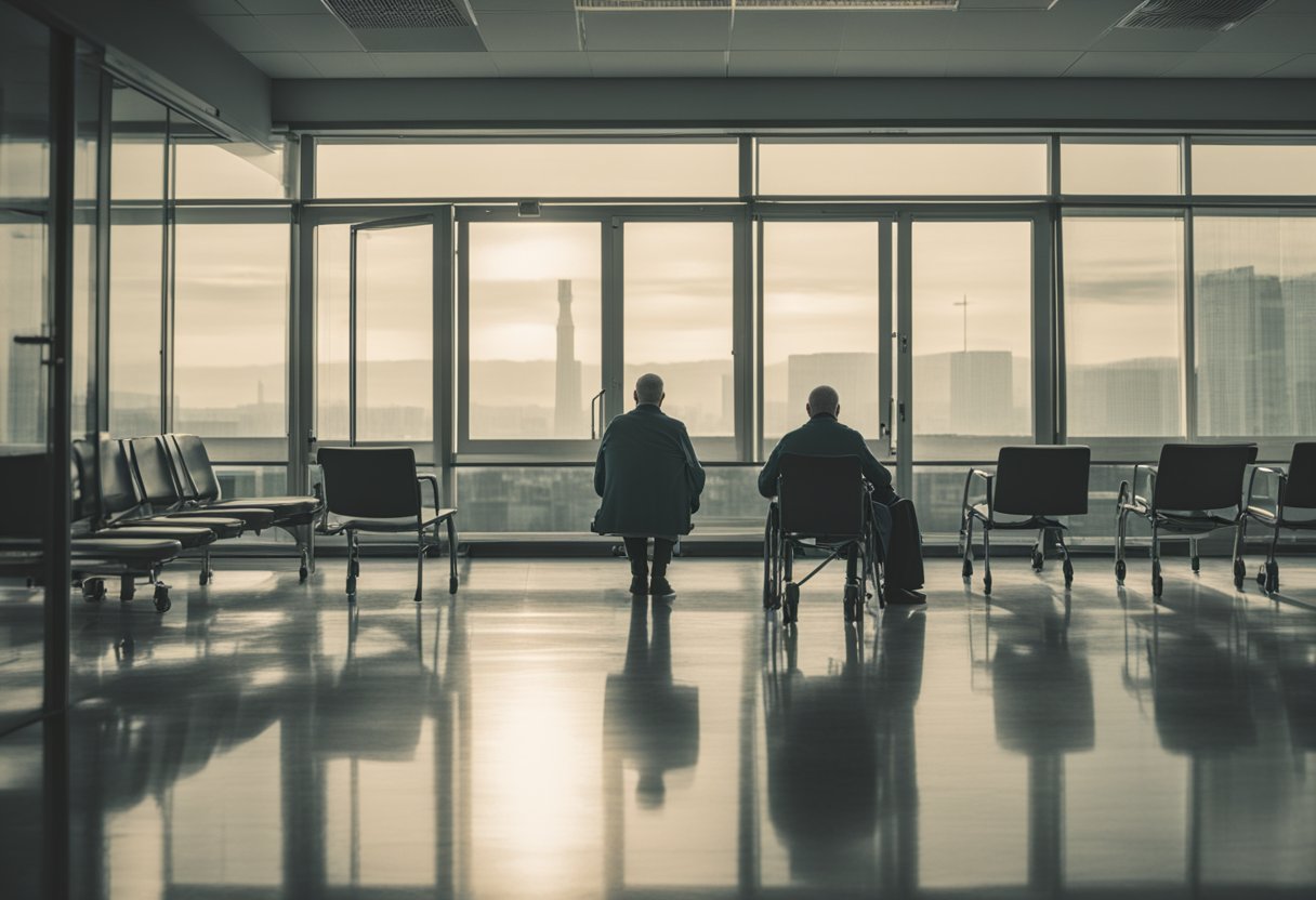 A person with cancer sits alone, staring out a hospital window, surrounded by medical equipment and empty chairs