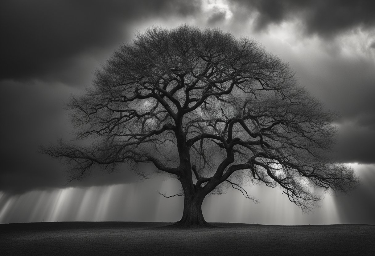 A lone tree stands tall amidst a storm, its branches reaching out in defiance. The dark clouds part, revealing a glimmer of sunlight breaking through