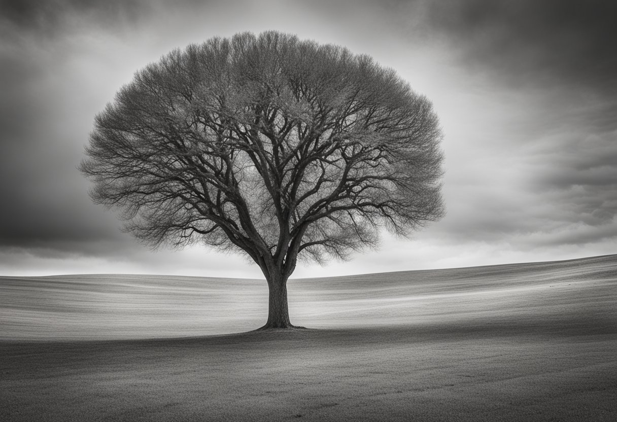 A lone tree stands resilient in a barren landscape, symbolizing cynicism and the strength of a cancer thriver