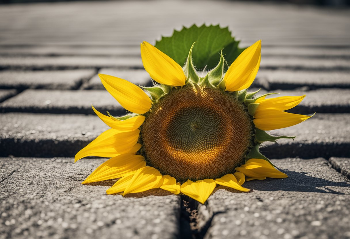A vibrant sunflower bursting through a crack in the pavement, symbolizing resilience and growth beyond cancer