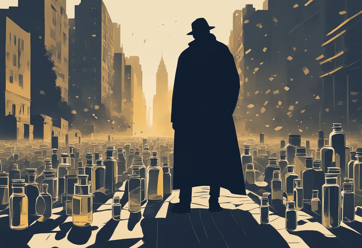 A dark figure looms over a city, casting a shadow of despair. Pill bottles and syringes litter the ground, while a lone figure stands tall, a symbol of resilience amidst the chaos