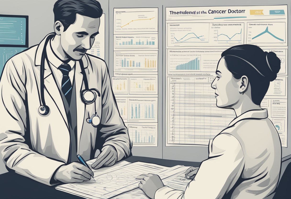 A doctor discussing treatment options with a cancer thriver. Medical charts and a hopeful expression convey the potential for a positive outcome