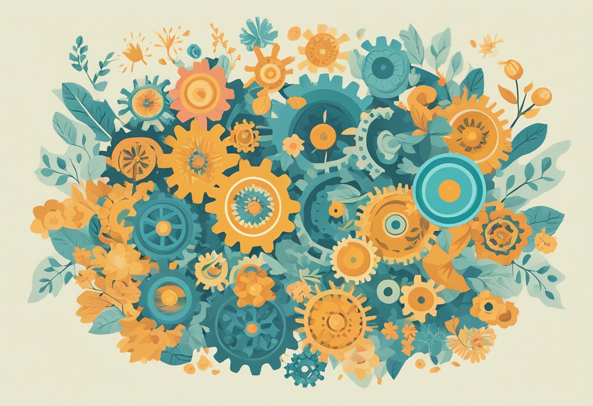 A group of interconnected gears symbolizing support systems, surrounded by vibrant flowers representing hope and resilience
