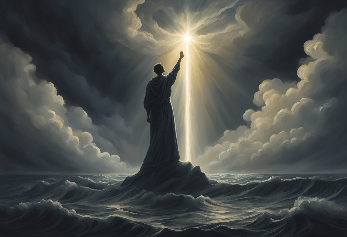 A figure stands tall, surrounded by swirling dark clouds. A beam of light breaks through, illuminating the figure with a sense of resilience and strength