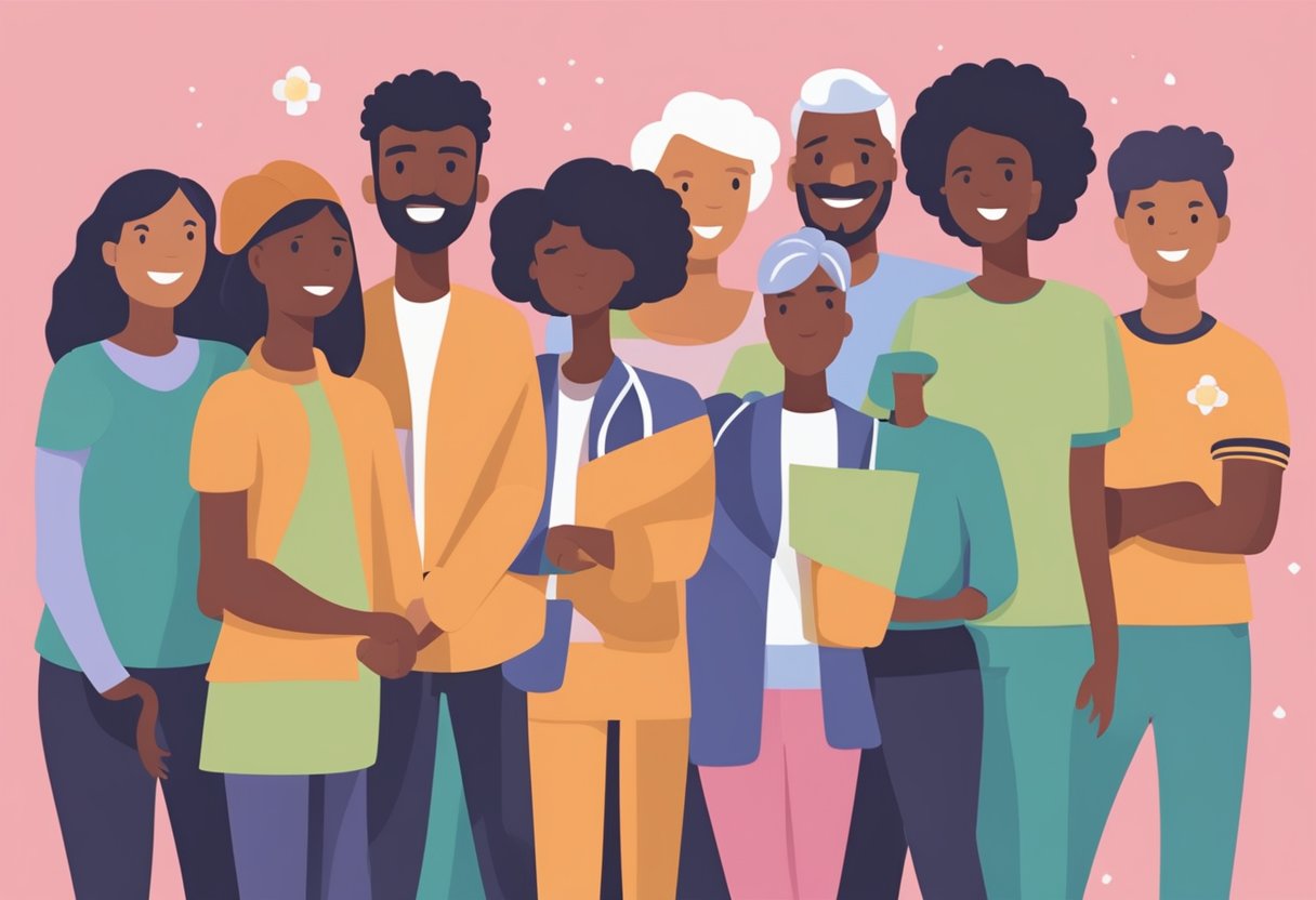 A group of diverse individuals support and uplift a cancer thriver, creating a safe and empowering environment