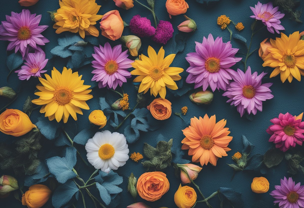 A wilted flower surrounded by vibrant blooms