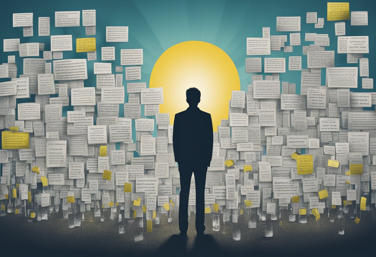 A person standing tall, surrounded by words of empowerment and taking decisive action to overcome toxic shame