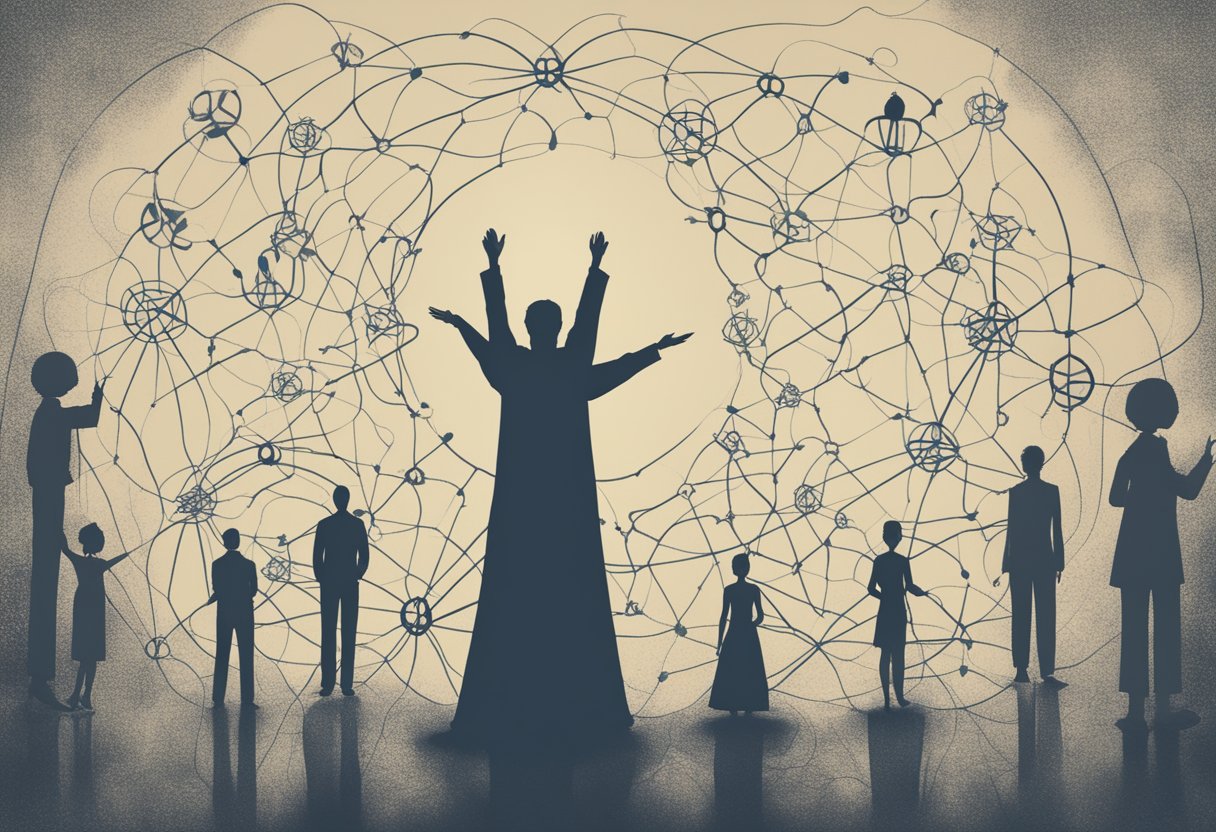 A person standing tall, surrounded by a network of supportive hands and uplifting symbols, casting off the weight of toxic shame