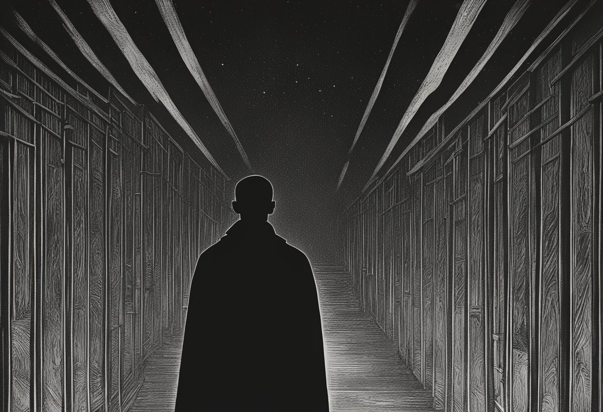 A figure stands tall, surrounded by darkness. A shadow looms overhead, representing the weight of toxic shame