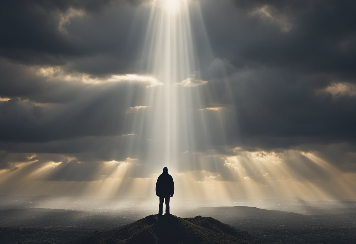 A figure standing amidst dark clouds, with rays of light breaking through, symbolizing the struggle and triumph over emotional avoidance in the face of cancer