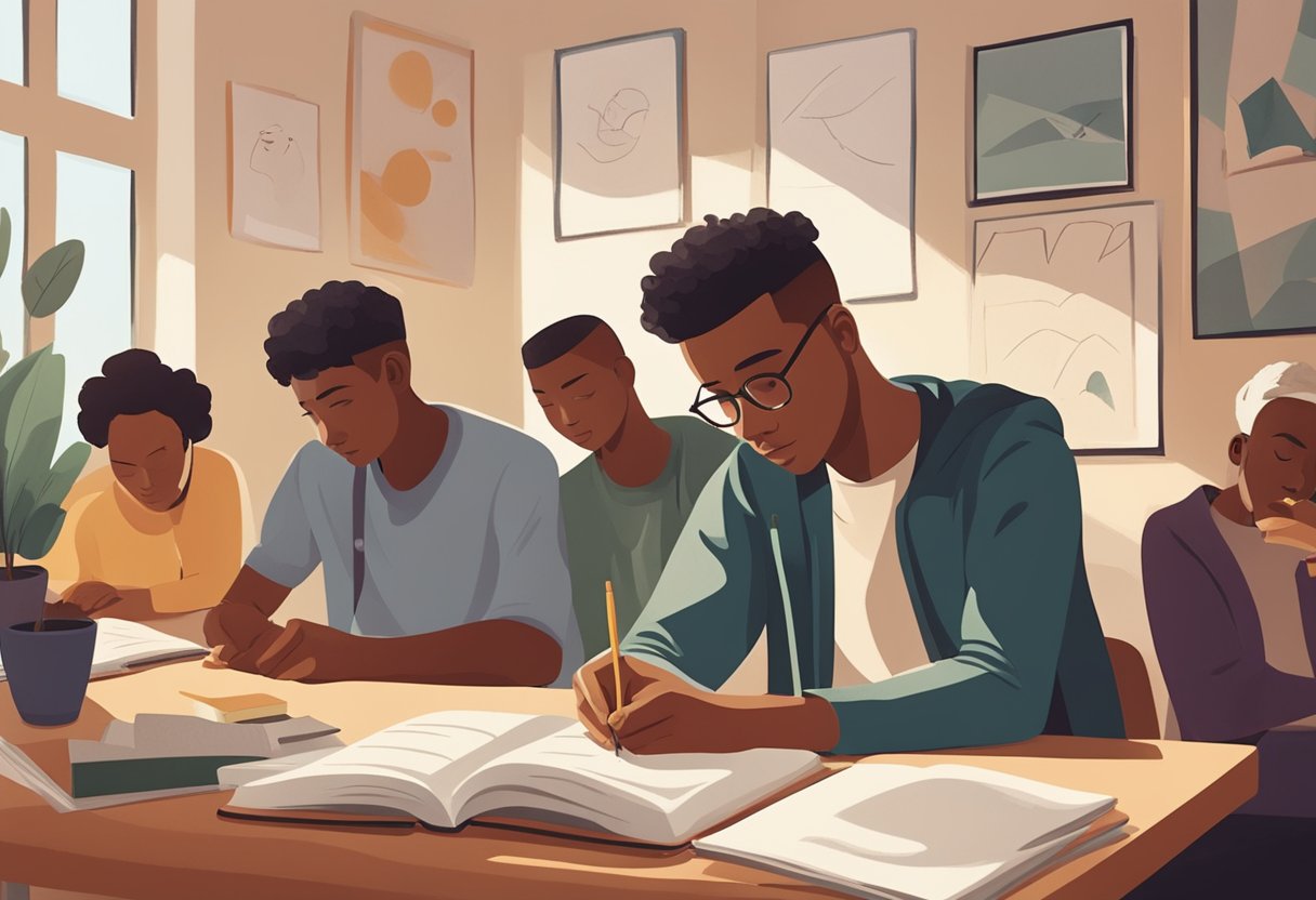 A person writing in a journal, surrounded by supportive friends and family, with a peaceful and determined expression