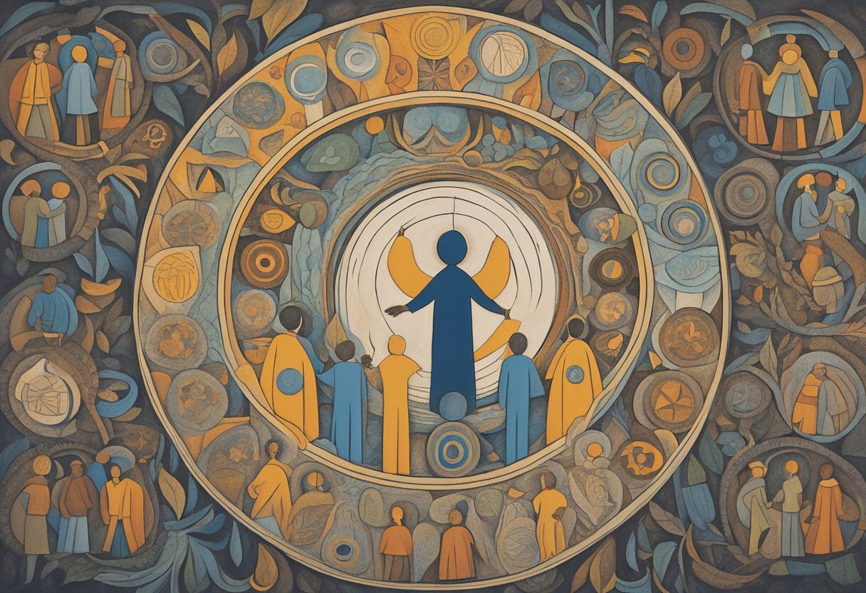 A circle of diverse figures surrounds a central figure, offering support and empathy. The central figure stands tall, symbolizing resilience in the face of emotional avoidance and cancer