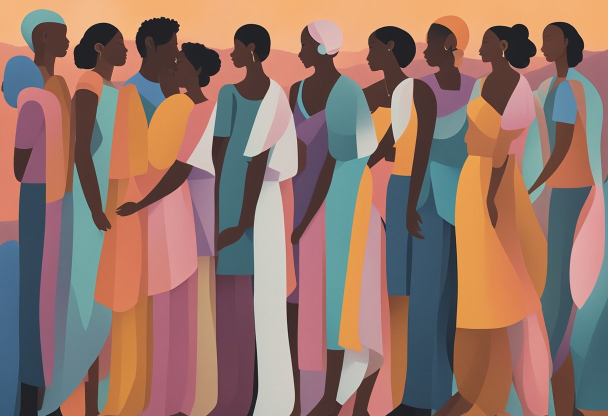 A group of diverse figures standing together, offering comfort and support to one another. A sense of calm and strength emanates from the group, symbolizing the power of social support in suppressing anger and empowering cancer survivors