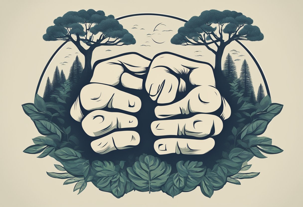 A clenched fist, surrounded by serene nature, symbolizing inner strength and resilience
